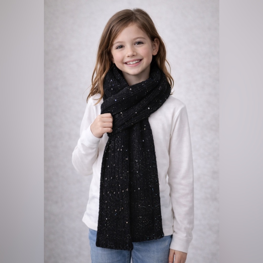 Black shimmer knit scarf with sequins. Believed to be from Justice